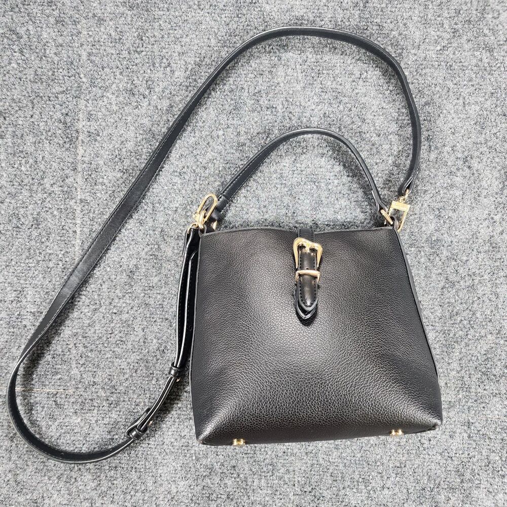 Anne Klein Crossbody Bucket Bag with Decorative Gold Color Buckle Detail Black